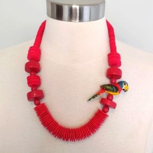 Vintage Necklace Parrot Statement wooden red